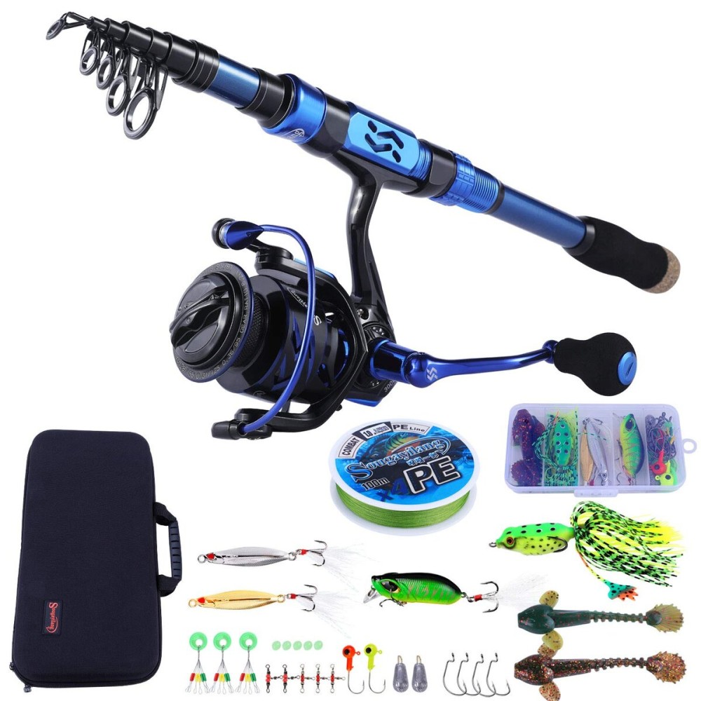 Sougayilang Fishing Rod and Reel Combos - Carbon Fiber Telescopic Fishing Pole - Spinning Reel 12 +1 BB with Carrying Case for Saltwater and Freshwater Fishing Gear Kit(Blue 5.91ft-2000)