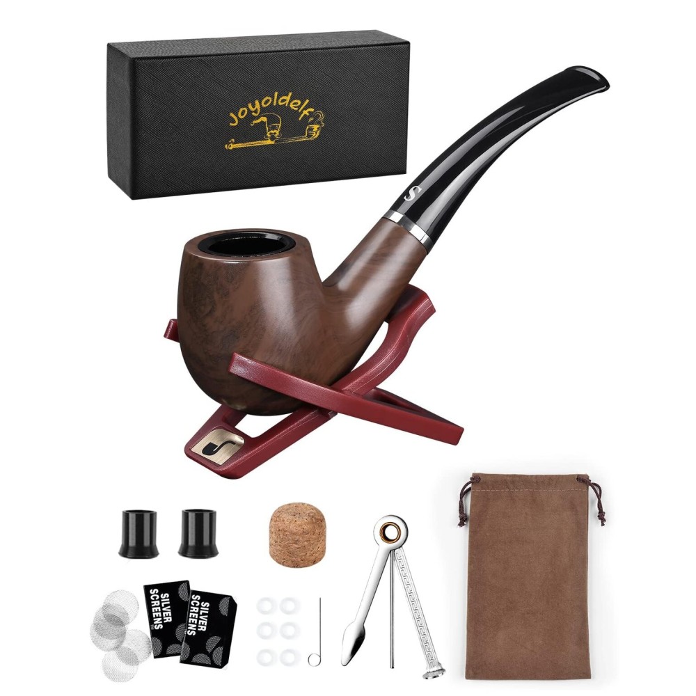 Joyoldelf Tobacco Pipe Set, Short Handle Curved Smoking Pipe with Foldable Pipe Stand Holder, Pipe Starter Kit for Beginner with Gift Box and Accessories