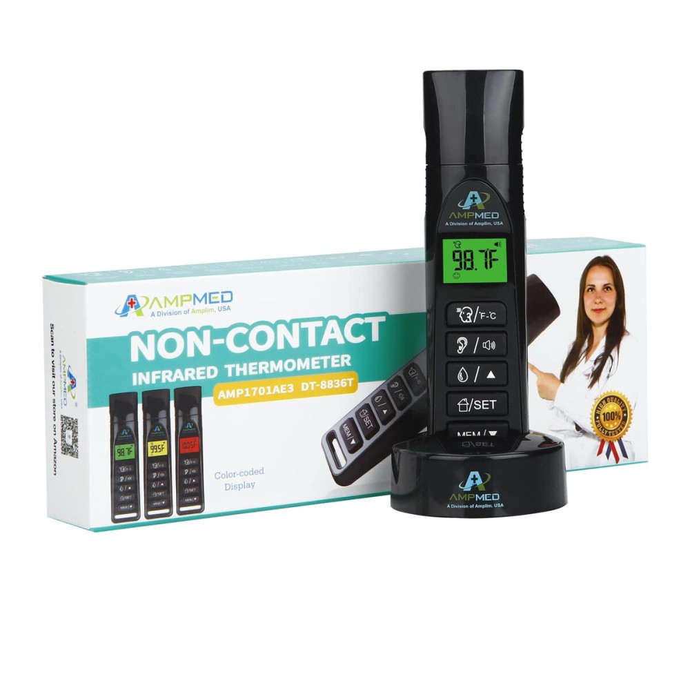 Amplim Baby Thermometer | 3-in-1 Accurate Infrared Thermometer for Ear, Forehead & Touchless, Fever Thermometer for Baby, Infants, Toddlers, Kids & Adults | Base Stand & Clock (Black)