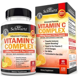 BioSchwartz Vitamin C Complex Supplement - Vitamin C 1000mg Capsules with Rose HIPS Zinc and Citrus Bioflavonoids for Immune Health, Cellular Energy, Collagen Production, 120 Count (60 Day Supply)