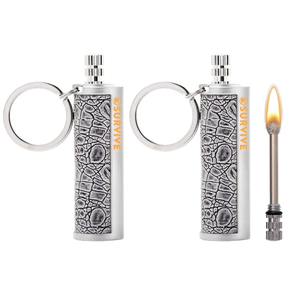 SURVIVE Permanent Match Metal, 2 Pack, Reusable Survival Fire Starter Striker Lighter, Emergency Waterproof Keychain Strike Anywhere Stick Kit