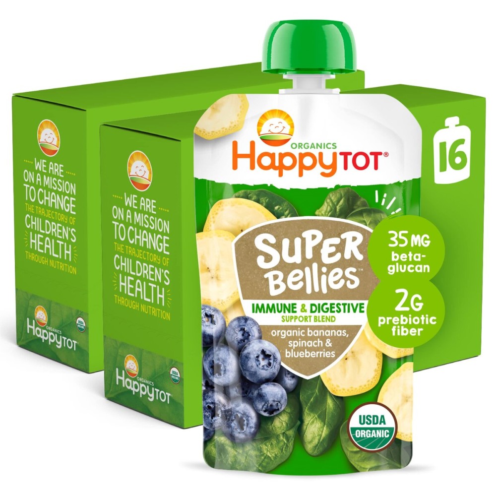 HAPPYTOT Organics Stage 4 Baby Food Pouches, Gluten Free, Vegan Snack, Super Bellies, Fruit & Veggie Puree, Banana, Spinach & Blueberries 4 Ounce (Pack of 16)
