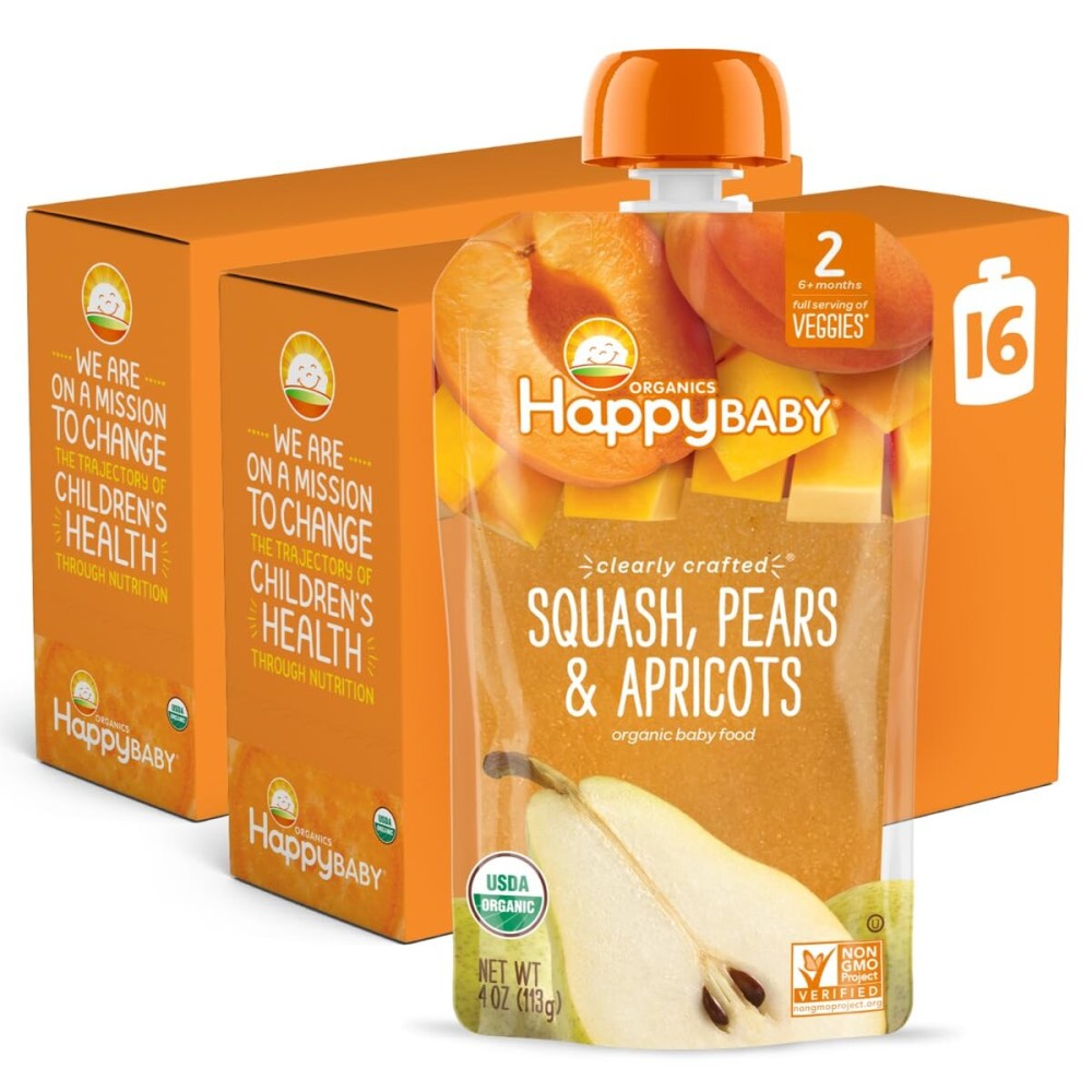 Happy Baby Organics Stage 2 Baby Food Pouches, Gluten Free, Vegan & Healthy Snack, Clearly Crafted Fruit Puree, Squash, Pears & Apricots, 4 Ounces (Pack of 16)