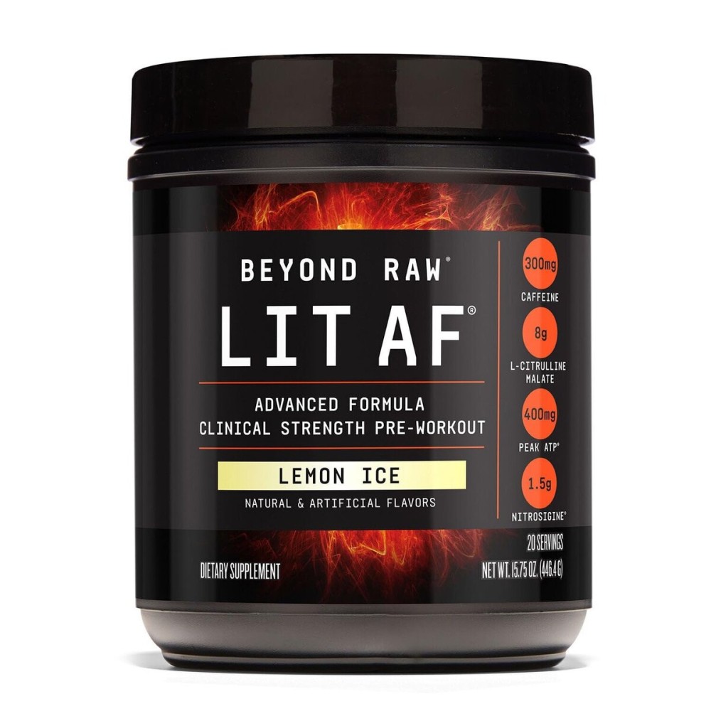 BEYOND RAW LIT Advanced Pre Workout Formula, Lemon Ice, for Energy, Focus, Endurance, Pumps, with 300mg Rapid and Targeted Release Caffeine, Creatine, Betaine, Beta Alanine, Taurine, 20 Servings