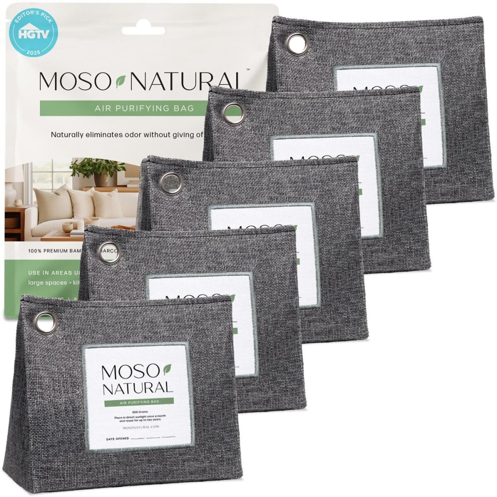 Moso Natural Air Purifying Bag 600g (21oz) Premium Bamboo Charcoal Odor Absorber | Room Deodorizer for Large Spaces, Bedroom, Kitchen, Basement | Pet Odor Eliminator for Home | Unscented (5 Pack)