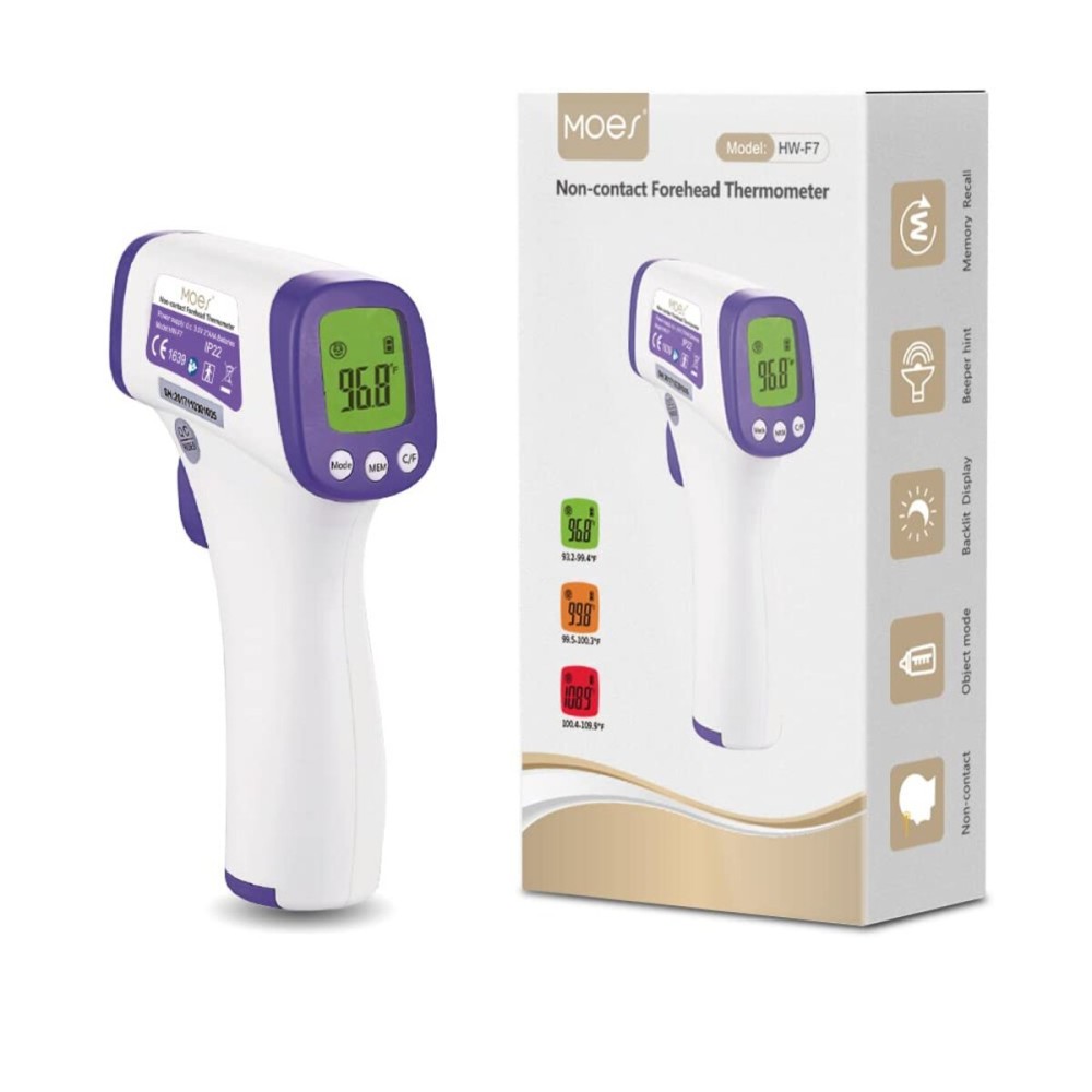 MOES Forehead Thermometer,Non-Contact Infrared Forehead F/C Digital Thermometer Fever Alarm and Memory Function for Anyone with Accurate LCD Display Battery not Include