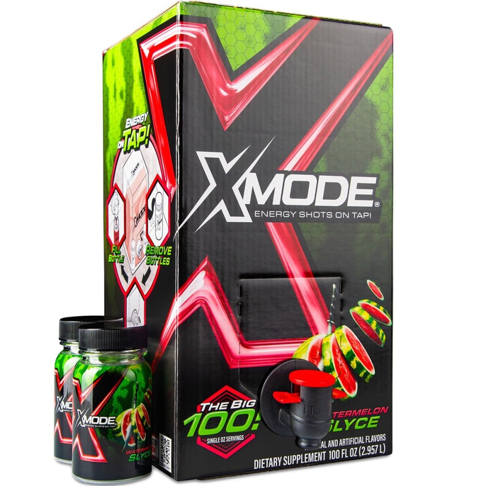 XMODE Energy Shots on Tap Dispenser - 100 (1oz) Servings with 2 Refillable Bottles, Watermelon Slyce Flavor, Extra Strength with 150mg Caffeine/oz, B12 and Sugar Free
