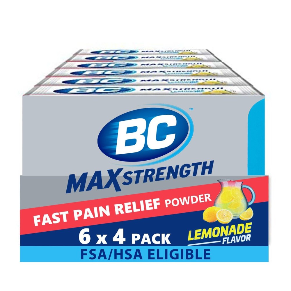 BC MAX Strength Fast Pain Relief Powder, Lemonade Flavor Aspirin 500mg and Acetaminophen 500mg Dissolve Packs, 4 Count, 6 Pack