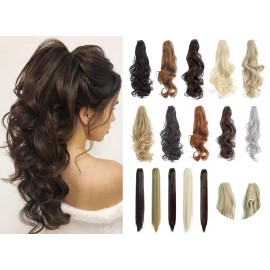 FELENDY Ponytail Extension Claw 18 20 Curly Wavy Straight Clip in Hairpiece One Piece A Jaw Long Pony Tails for Women Ash Blonde Mix Ginger Brown