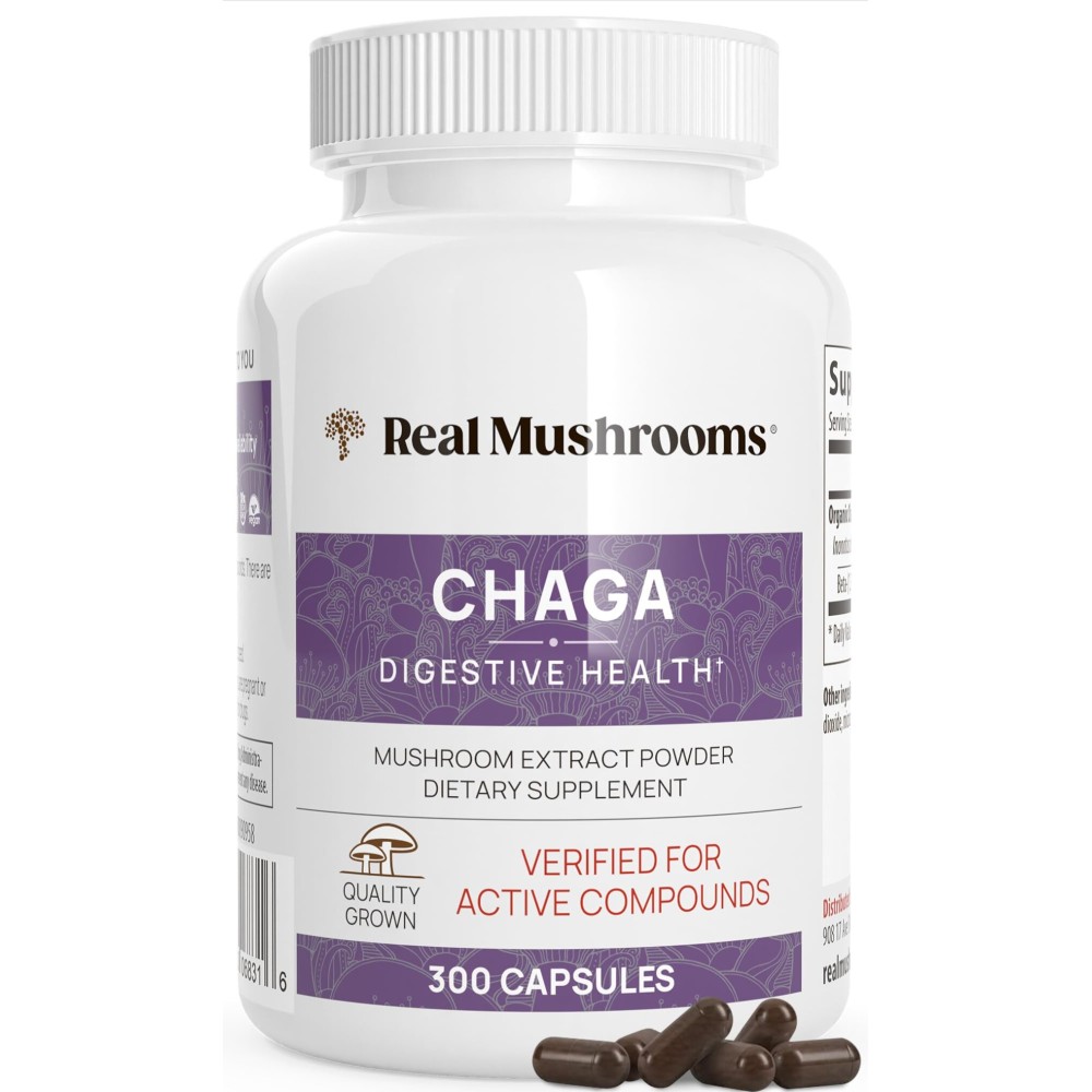 Real Mushrooms Chaga Mushroom Capsules - Organic Chaga Extract Powder with Extract Powder for Wellness & Energy Support- Vegan, Non-GMO, 300 Capsules - Organic Mushroom Supplement