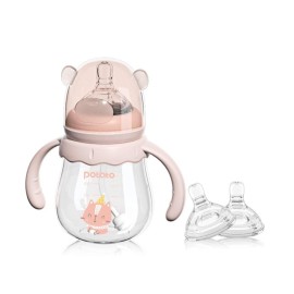 POTATO Glass Baby Bottles, Anti-Colic Breastfeeding Bottles with Medium Flow Nipple, Suitable for Babies 3-6 Months, 2 Replaceable Nipples, 6 oz, Pink