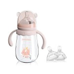 POTATO Glass Baby Bottles, Anti-Colic Breastfeeding Bottles with Fast Flow Nipple, Suitable for Babies 6-12 Months, 2 Replaceable Nipples, 8 oz, Pink