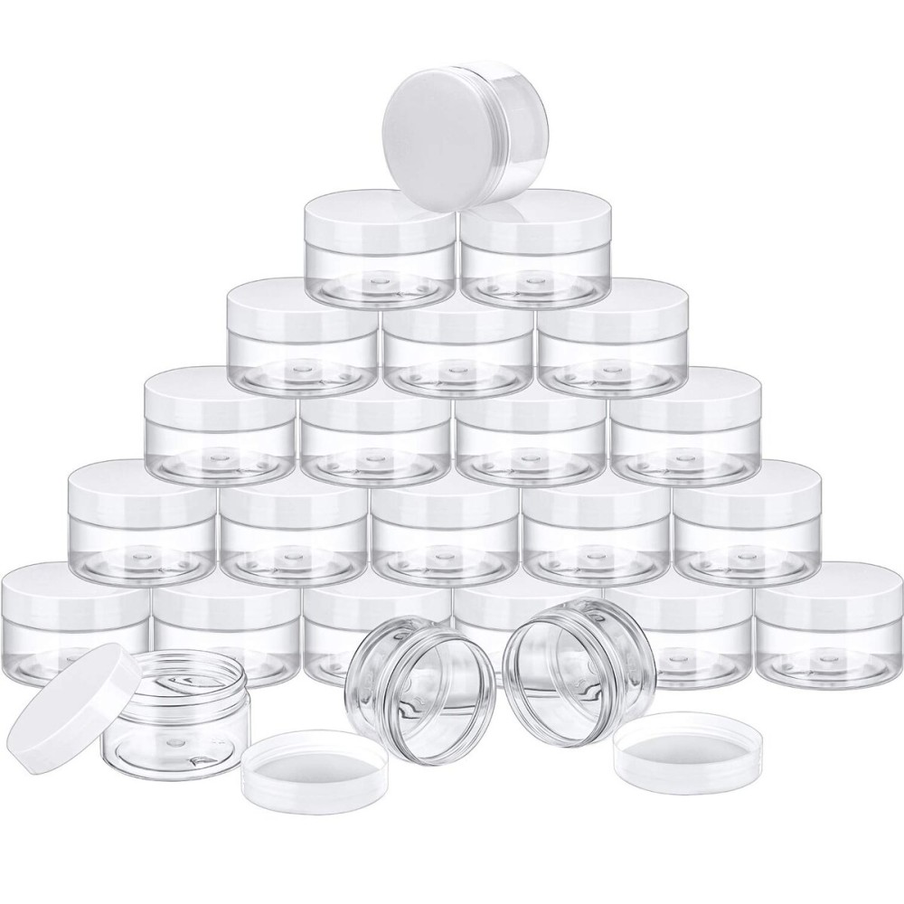 SATINIOR 24 Pieces Empty Clear Plastic Jars with Lids Round Storage Containers Wide-Mouth for Beauty Product Cosmetic Cream Lotion Liquid Butter Craft and Food (White Lid, 4 oz)