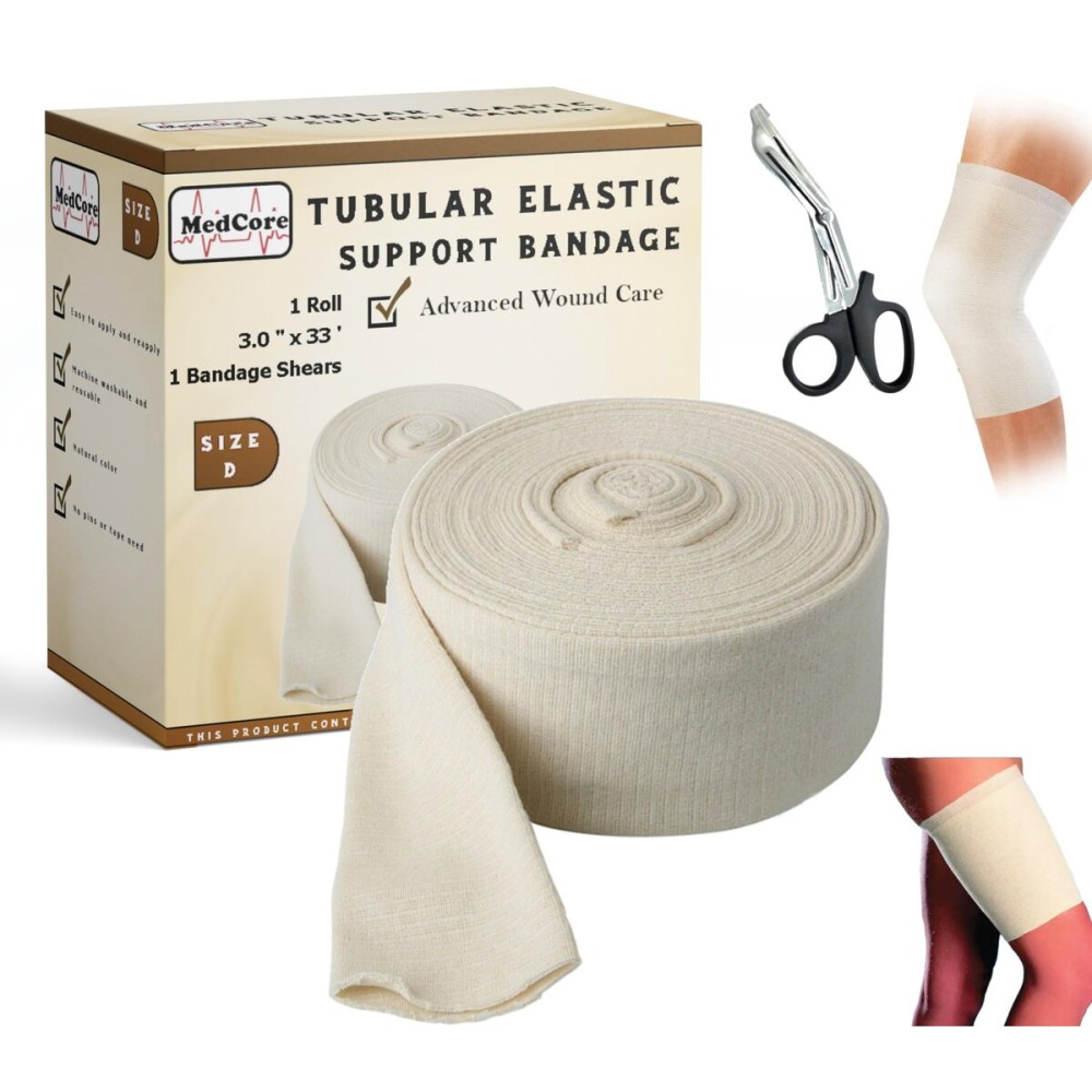 Premium Elastic Tubular Compression Bandage Size E Stockinette, 3.4 inches x 33 Feet. Reusable Elastic Bandage Sleeve Wraps Plus One Pair of Medical Scissors