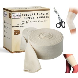 Premium Elastic Tubular Compression Bandage Size E Stockinette, 3.4 inches x 33 Feet. Reusable Elastic Bandage Sleeve Wraps Plus One Pair of Medical Scissors
