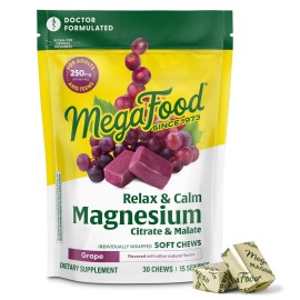 MegaFood Relax + Calm Magnesium Complex with Magnesium Citrate & Malate for Heart Health, Muscle Tension & More - Doctor Formulated - Vegetarian - Grape Flavor - 30 Soft Chews (15 Servings)