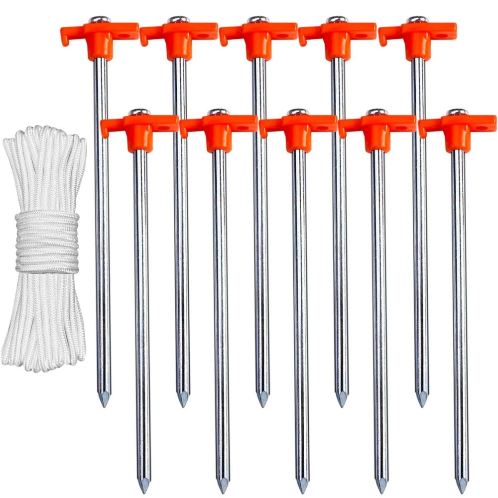 ABCCANOPY 10 Inch Tent Stakes 10 Pcs Non-Rust Metal Ground Anchors, Heavy Duty Spikes with 4 Ropes for Outdoor Camping, Reddish Orange