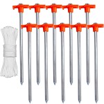 ABCCANOPY 10 Inch Tent Stakes 10 Pcs Non-Rust Metal Ground Anchors, Heavy Duty Spikes with 4 Ropes for Outdoor Camping, Reddish Orange