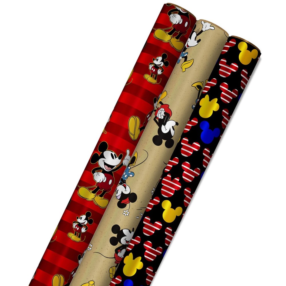 Hallmark Disney Mickey Mouse Wrapping Paper with Cut Lines on Reverse (3-Pack: 60 sq. ft. ttl) for Birthdays, Christmas, Hanukkah, Baby Showers and More