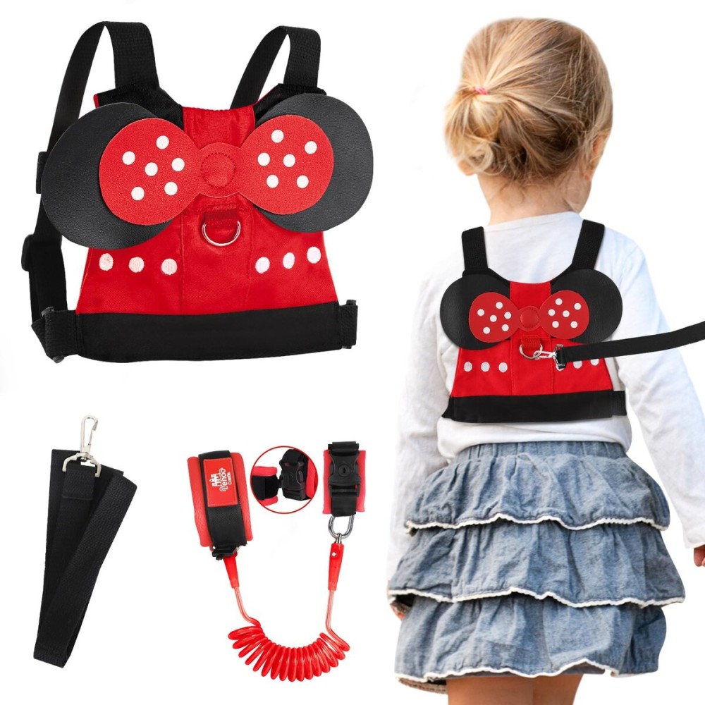 Lehoo Castle Toddler Leash for 1-5 Years, Baby Safety Harness for Girls with Anti-Lost Key Lock & Adjustable Strap, 3-in-1 Wrist Leash and Kids Backpack Harness for Walking Travel (Red Minnie Mouse)