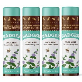 Badger Cool Mint Cocoa Butter Lip Balm, Long Lasting Hydrating Lip Care, 100% Organic Lip Balm, Large Size Stick, 4-pack