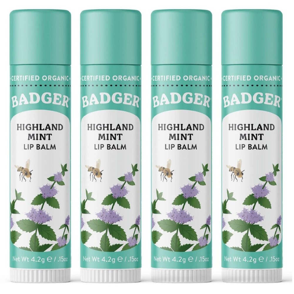 Badger Highland Mint Classic Lip Balm, 100% Organic Balm Long Lasting Lip Moisturizer w/Light Silky Texture, Refreshing, Invigorating & Soothing Mint Lip Balm, 4 Pack