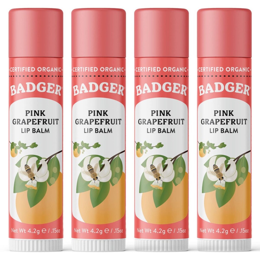 Badger Pink Grapefruit Classic Lip Balm, 100% Organic Lip Balm, Long Lasting Lip Care w/Light Silky Texture, Refreshing & Uplifting, 4 Pack