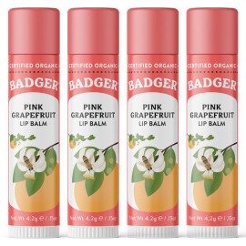 Badger Pink Grapefruit Classic Lip Balm, 100% Organic Lip Balm, Long Lasting Lip Care w/Light Silky Texture, Refreshing & Uplifting, 4 Pack