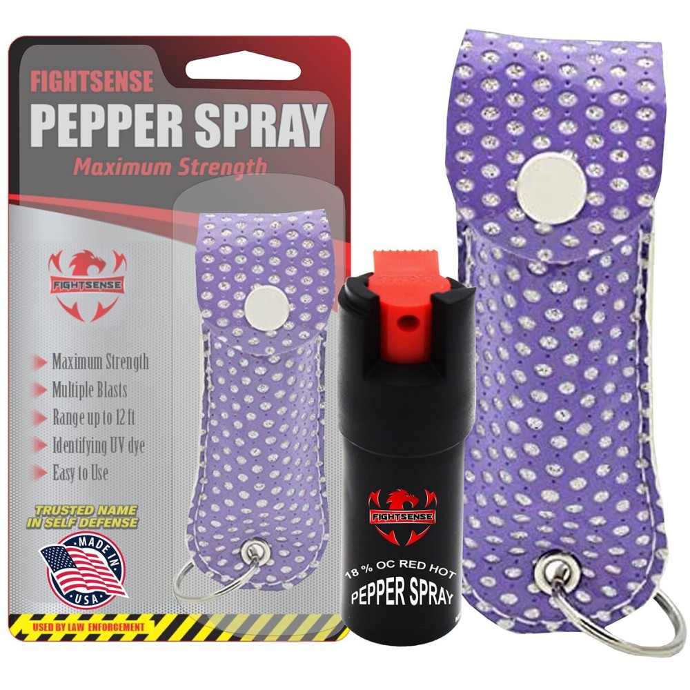 FIGHTSENSE Self Defense Pepper Spray - 1/2 oz Compact Size Maximum Strength Police Grade Formula Best Self Defense Tool for Women W/Leather Pouch Keychain (Purple Bling)
