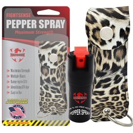 FIGHTSENSE Self Defense Pepper Spray - 1/2 oz Compact Size Maximum Strength Police Grade Formula Best Self Defense Tool for Women W/Leather Pouch Keychain (Cheetah)