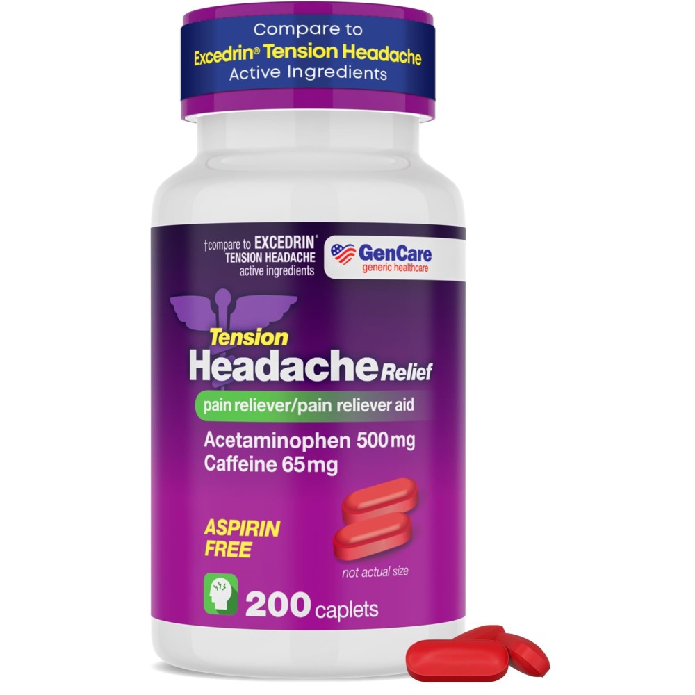 GenCare - Tension Headache Relief Pain Reliever with Acetaminophen 500 mg & Caffeine 65 mg (200 Caplets) Best Value Bulk Extra Strength for Head, Migraine, Joint Pain & Body Ache Relief Medicine