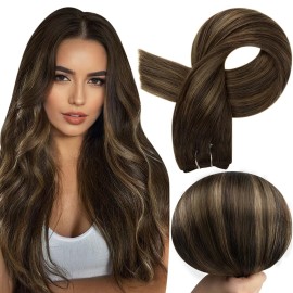 Full Shine 18 Inch Sew In Hair Extensions Real Human Hair Dark Brown Ombre Hair Extensions Color Light Brown To Light Brown Mix Darkest Brown Hair Weft Soft Straight Human Hair Bundles 105G