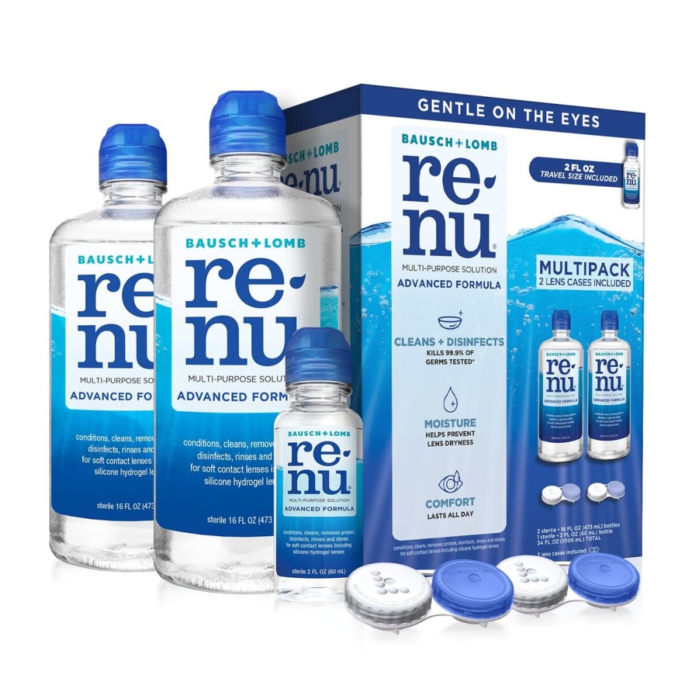 Renu Contact Lens Solution, Advanced Formula, Multi-Purpose Solution with Lens Case, Gently Cleans, Disinfects, Moisturizes & Hydrates Soft Lenses, 16 Fl Oz (Pack of 2) + Travel Size 2 Fl Oz