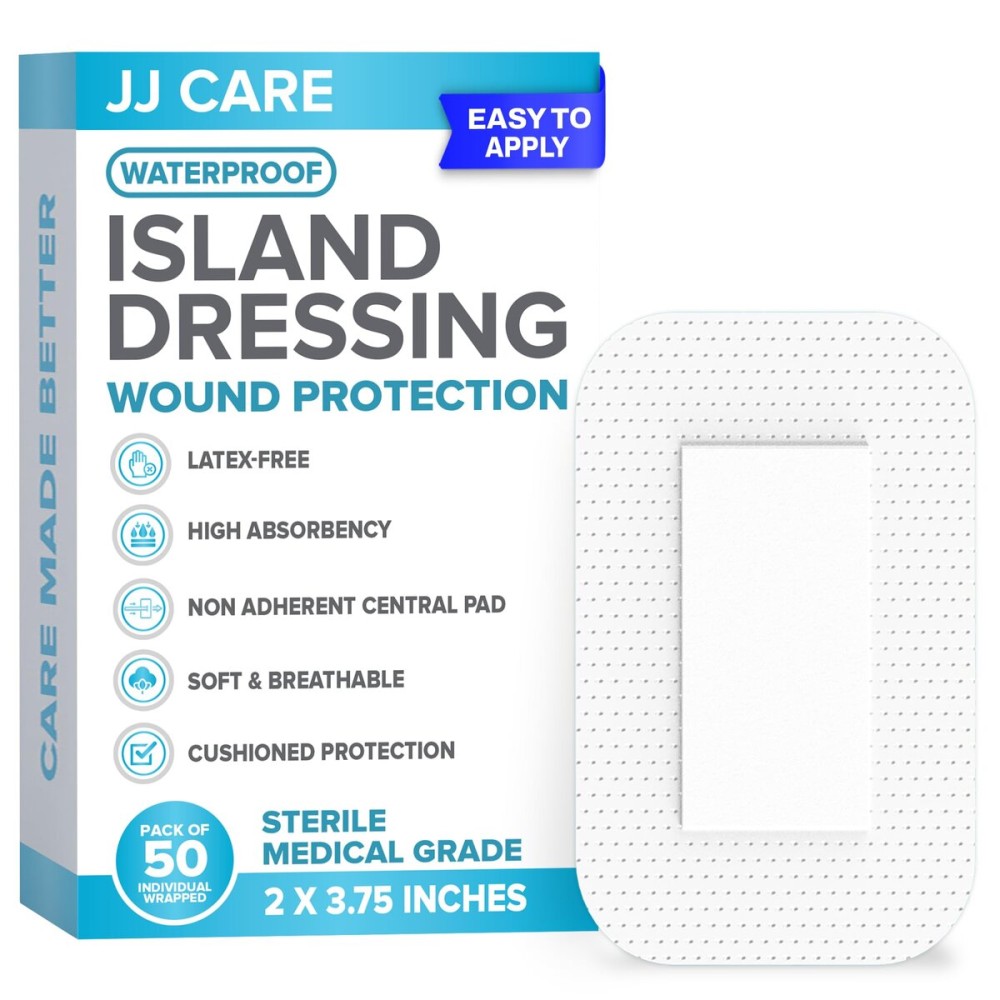 JJ CARE Adhesive Island Dressing [Pack of 50], 2x3.75 Sterile Bordered Gauze, Breathable Island Wound Dressing, Individually Wrapped Adhesive Gauze Bandages with Non-Stick Central Pad