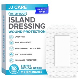 JJ CARE Adhesive Island Dressing [Pack of 50], 2x3.75 Sterile Bordered Gauze, Breathable Island Wound Dressing, Individually Wrapped Adhesive Gauze Bandages with Non-Stick Central Pad