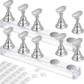 Blulu 2 Set Nail Stand for Painting Press Nail Holder Acrylic Magnetic Tips Training Fingernail Display Stands DIY Crystal Holders and 96 Pieces White Reusable Adhesive Putty(Silver)