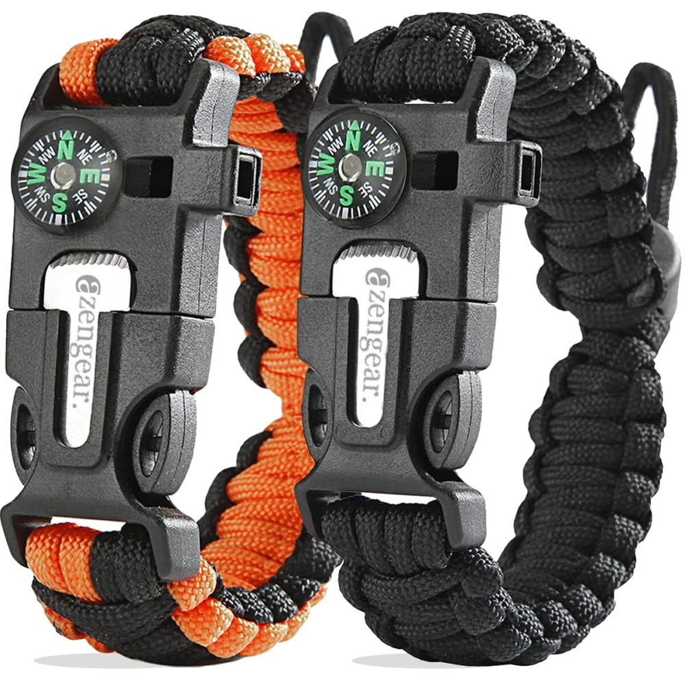 aZengear Paracord Survival Bracelet (2 Pack) | Flint Steel Fire Starter, Whistle, Compass, Mini Saw | Adjustable Wrist Band Size for Camping, Bushcraft, Emergency Kit (Black & Orange)
