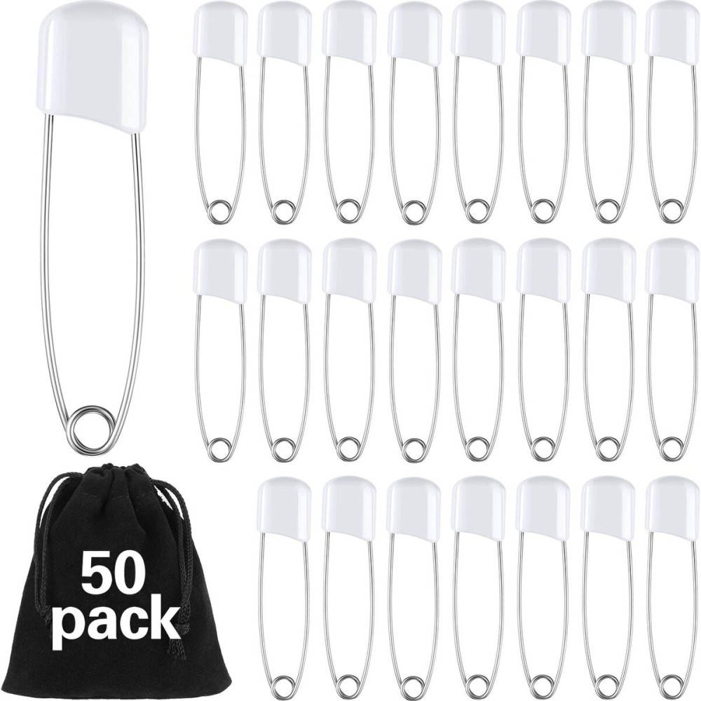 50 Pieces Diaper Pins Safety 2.2 Inch Plastic Head Cloth Diaper Nappy Pins with Locking Closures Stainless Steel with Velvet Bag(White)