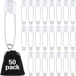 50 Pieces Diaper Pins Safety 2.2 Inch Plastic Head Cloth Diaper Nappy Pins with Locking Closures Stainless Steel with Velvet Bag(White)