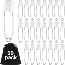 50 Pieces Diaper Pins Safety 2.2 Inch Plastic Head Cloth Diaper Nappy Pins with Locking Closures Stainless Steel with Velvet Bag(White)