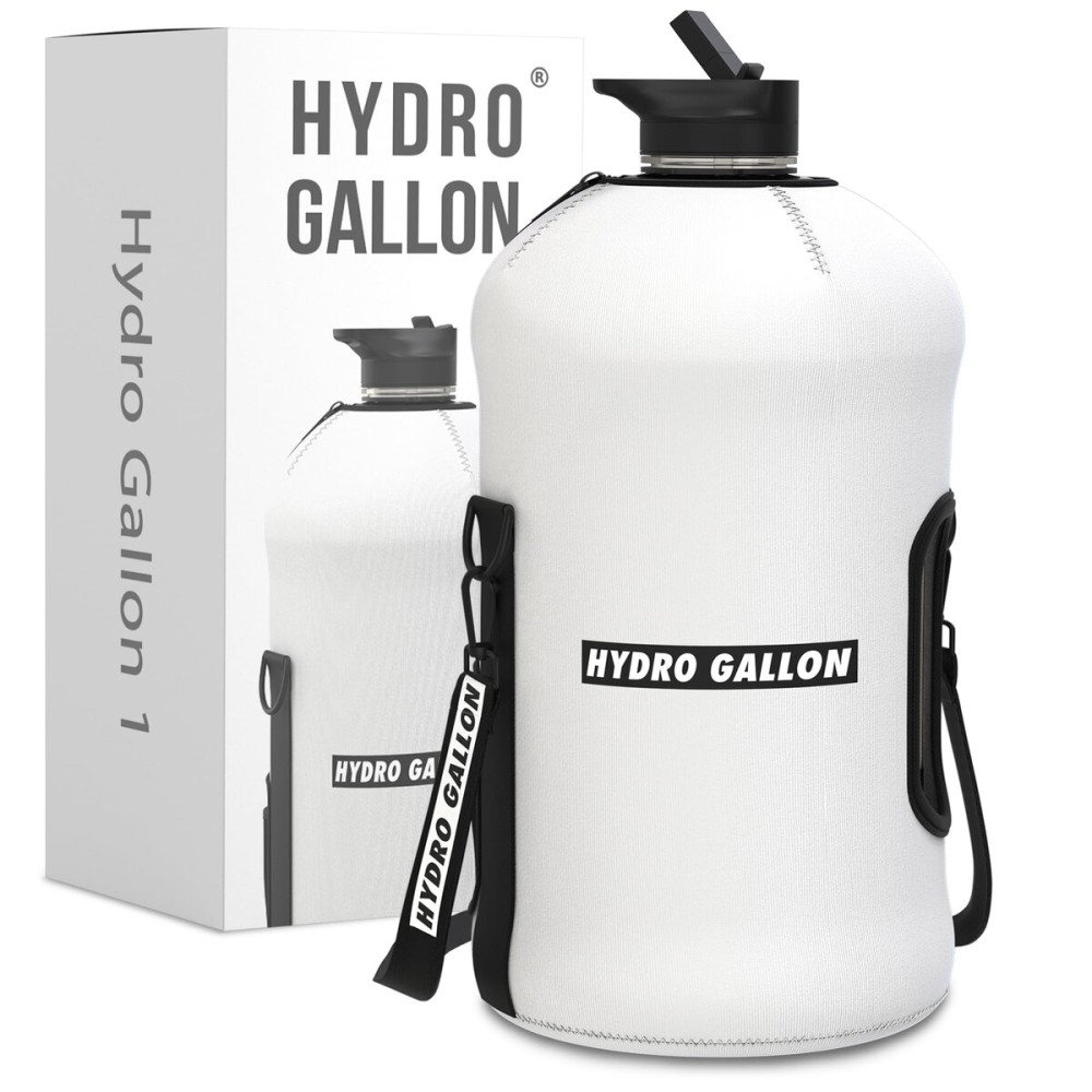 Hydro Gallon - 1 Gallon Water Bottle Jug with Insulated Sleeve and Straw Lid, Handle, Motivational Time Marker, Pocket, Shoulder Strap. Leakproof BPA free Large Big Bottle. 128oz (White)