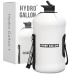 Hydro Gallon - 1 Gallon Water Bottle Jug with Insulated Sleeve and Straw Lid, Handle, Motivational Time Marker, Pocket, Shoulder Strap. Leakproof BPA free Large Big Bottle. 128oz (White)