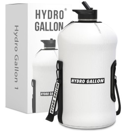 Hydro Gallon - 1 Gallon Water Bottle Jug with Insulated Sleeve and Straw Lid, Handle, Motivational Time Marker, Pocket, Shoulder Strap. Leakproof BPA free Large Big Bottle. 128oz (White)