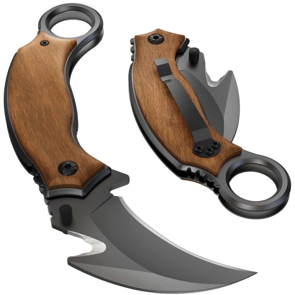 Pocket Knife Karambit with Wood Handle - Folding Curved Sharp Claw Blade - Best Knives for Camping Hiking EDC Survival Work Indoor and Outdoor Activities - Birthday Gifts Ideas for Men & Women X-52
