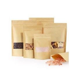 FireKylin 100 Pcs Brown Paper Bags with Window, 4.7 x 7.9 Stand Up Pouches, Zipper Food Storage Bags for Packaging Products, Reusable, Sealable