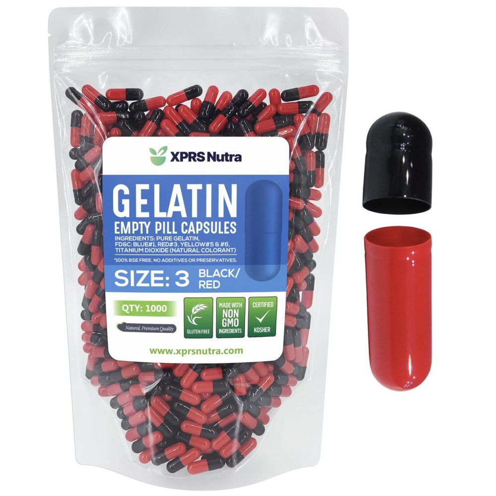 XPRS Nutra Size 3 Empty Capsules - 1000 Count Empty Gelatin Capsules - Pills DIY Capsule Filling - Fillable Pure Bovine Pill Gel Caps for Do-It-Yourself Supplements and Vitamins (Black/Red)