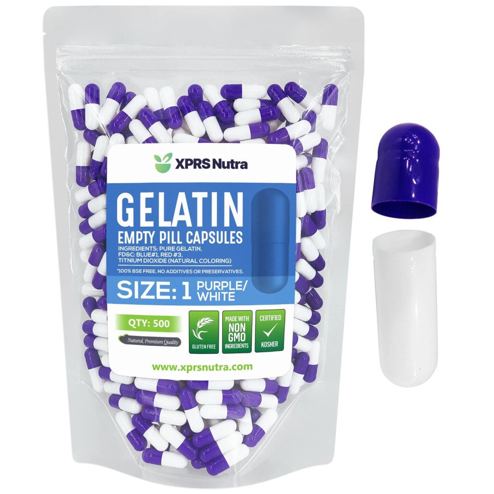 XPRS Nutra Size 1 Empty Capsules - 500 Count Empty Gelatin Capsules - Pill DIY Capsule Filling - Pure Bovine Pill Gel Caps for Do-It-Yourself Supplements (Purple/White)
