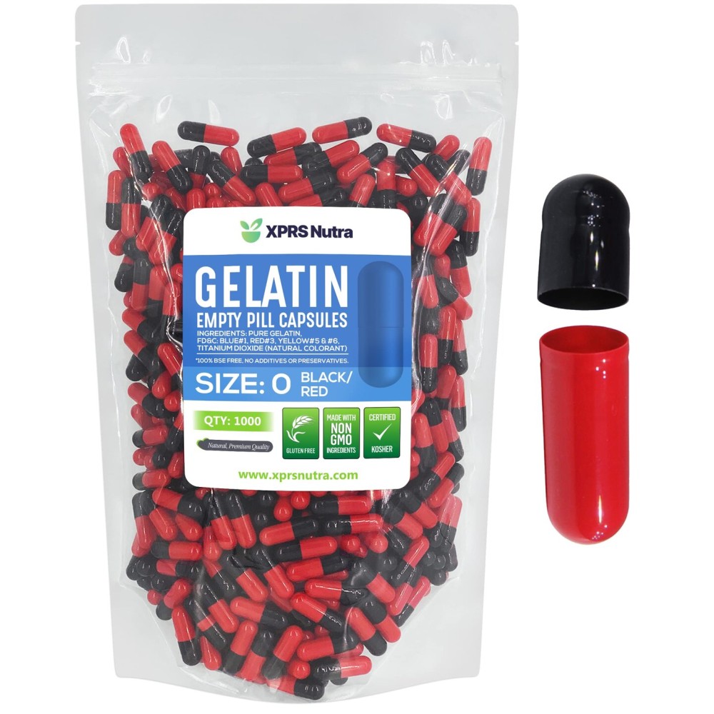 XPRS Nutra Size 0 Empty Capsules - 1000 Count Empty Gelatin Capsules - Pills DIY Capsule Filling - Pure Bovine Pill Gel Caps for Do-It-Yourself Supplements (Black/Red)