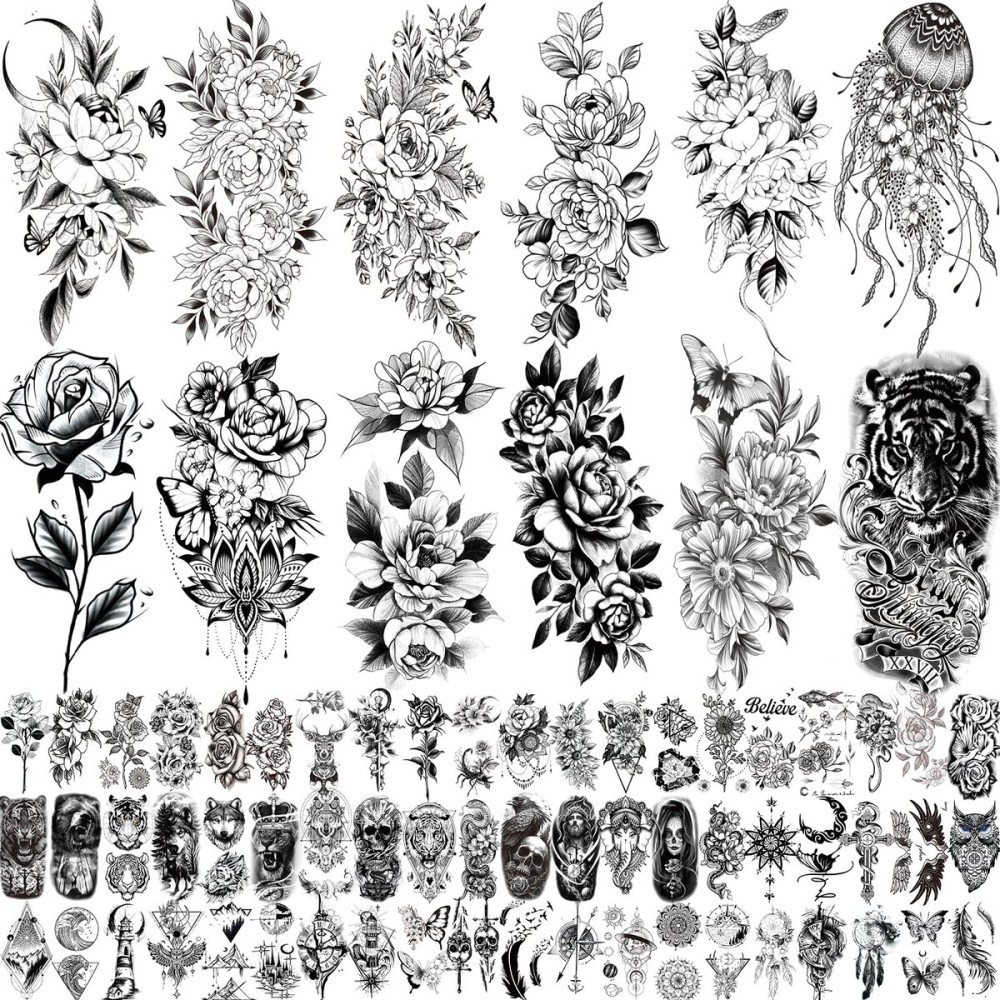 82 Sheets 3D Flowers Temporary Tattoos for Women Adult, Including 12 Sheets Large Fake Tattoos That Look Real and Last Long, Waterproof Rose Moon Butterfly Tiger Snake and Flowers Tattoos