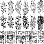 82 Sheets 3D Flowers Temporary Tattoos for Women Adult, Including 12 Sheets Large Fake Tattoos That Look Real and Last Long, Waterproof Rose Moon Butterfly Tiger Snake and Flowers Tattoos